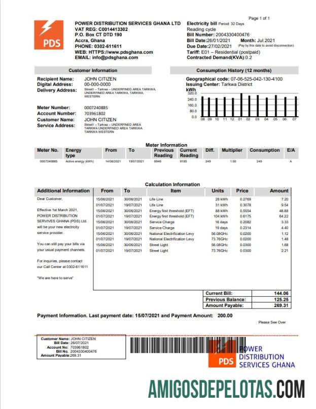 Conta de serviços públicos de eletricidade do PDS de Gana exemplo real